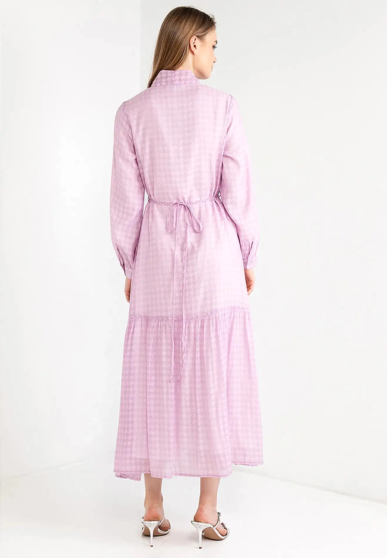 Ribbon Tie Houndstooth Maxi Dress