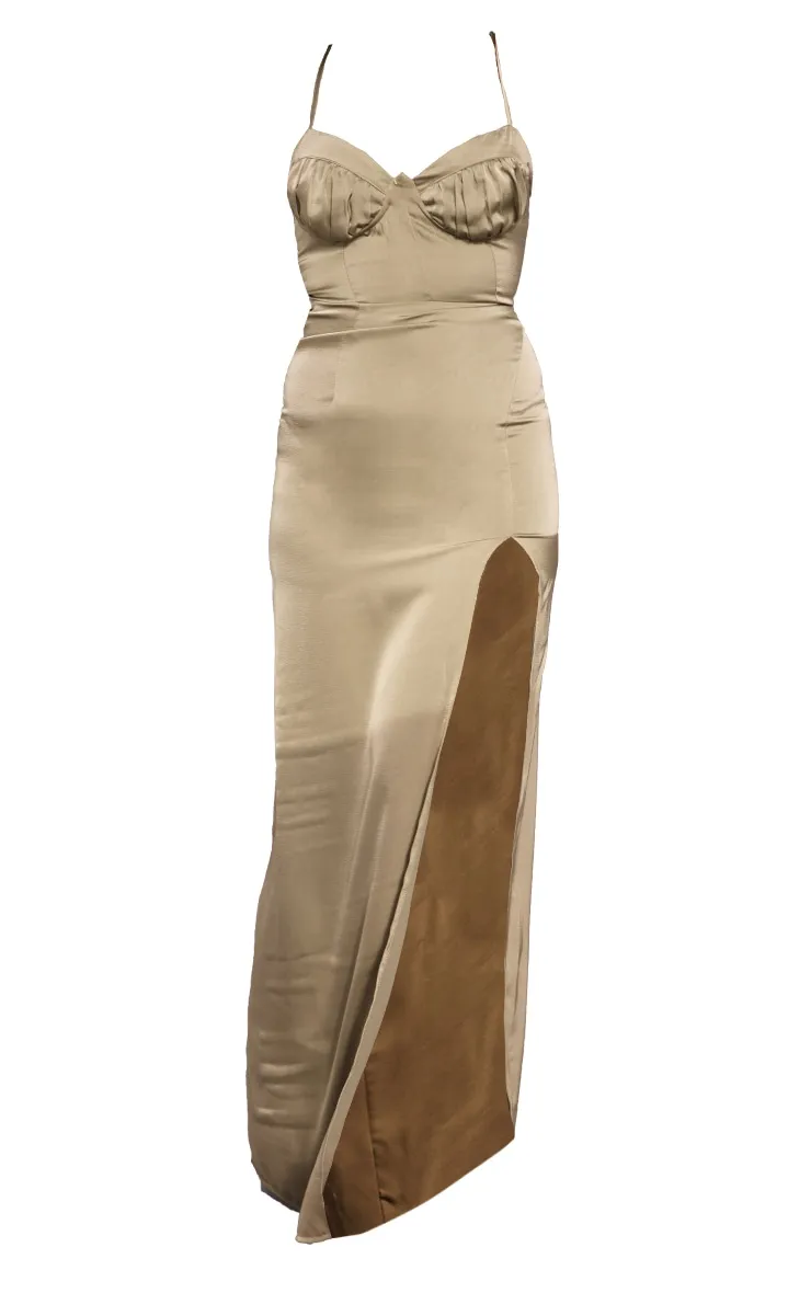 Sage Green Satin Ruched Cup Tie Strap Maxi Dress