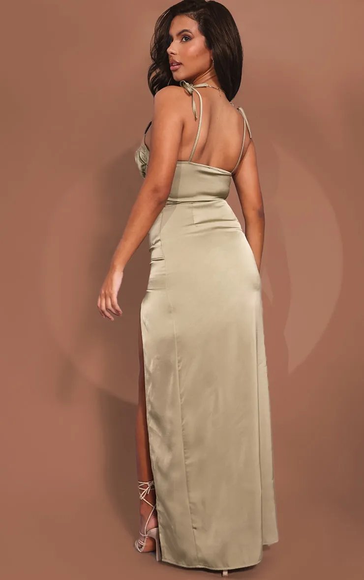 Sage Green Satin Ruched Cup Tie Strap Maxi Dress