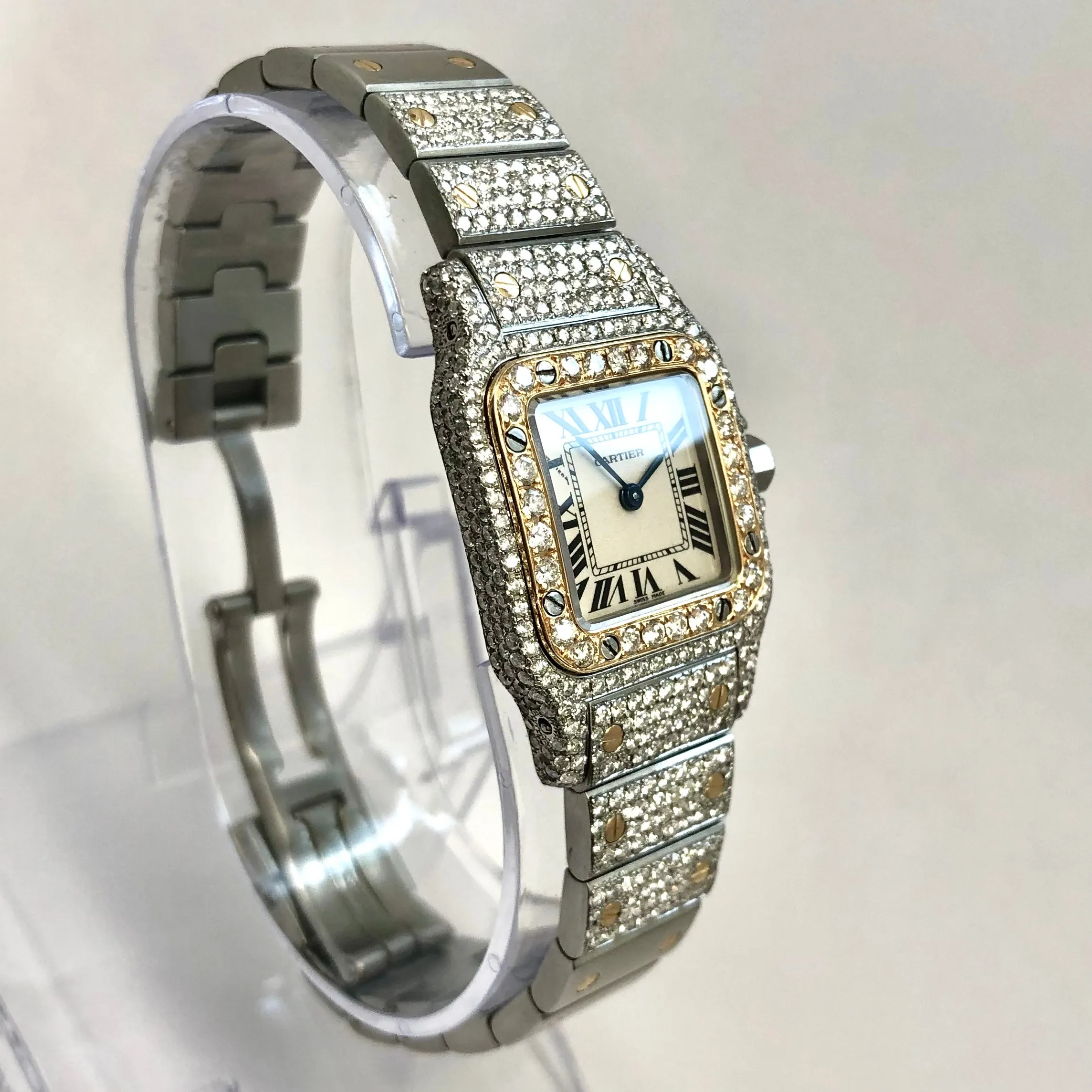 SANTOS De CARTIER GALBEE 24mm Quartz 2 Tone 4.08TCW Diamond Watch NEW Model