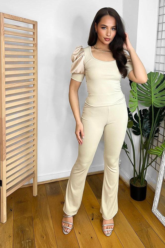 Satin Puff Sleeve Deep Neckline Top And Trousers Set