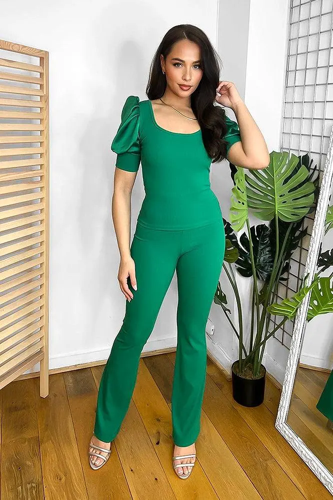 Satin Puff Sleeve Deep Neckline Top And Trousers Set