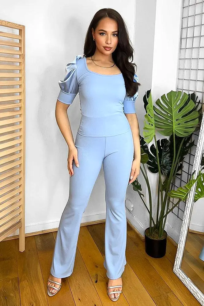 Satin Puff Sleeve Deep Neckline Top And Trousers Set