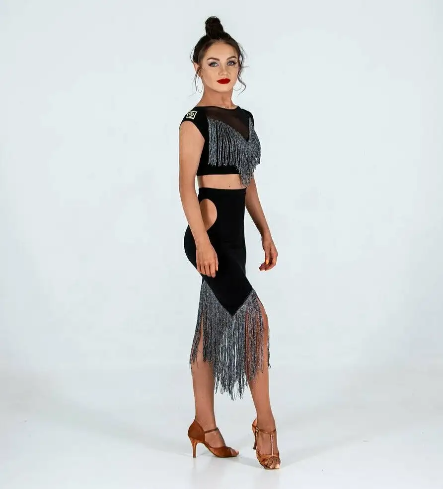 Sirius Practice Dance Wear Women's Short Sleeve Black Mesh Crop Top with Gold or Silver Tinsel Shimmer Fringe PRA 874 in Stock