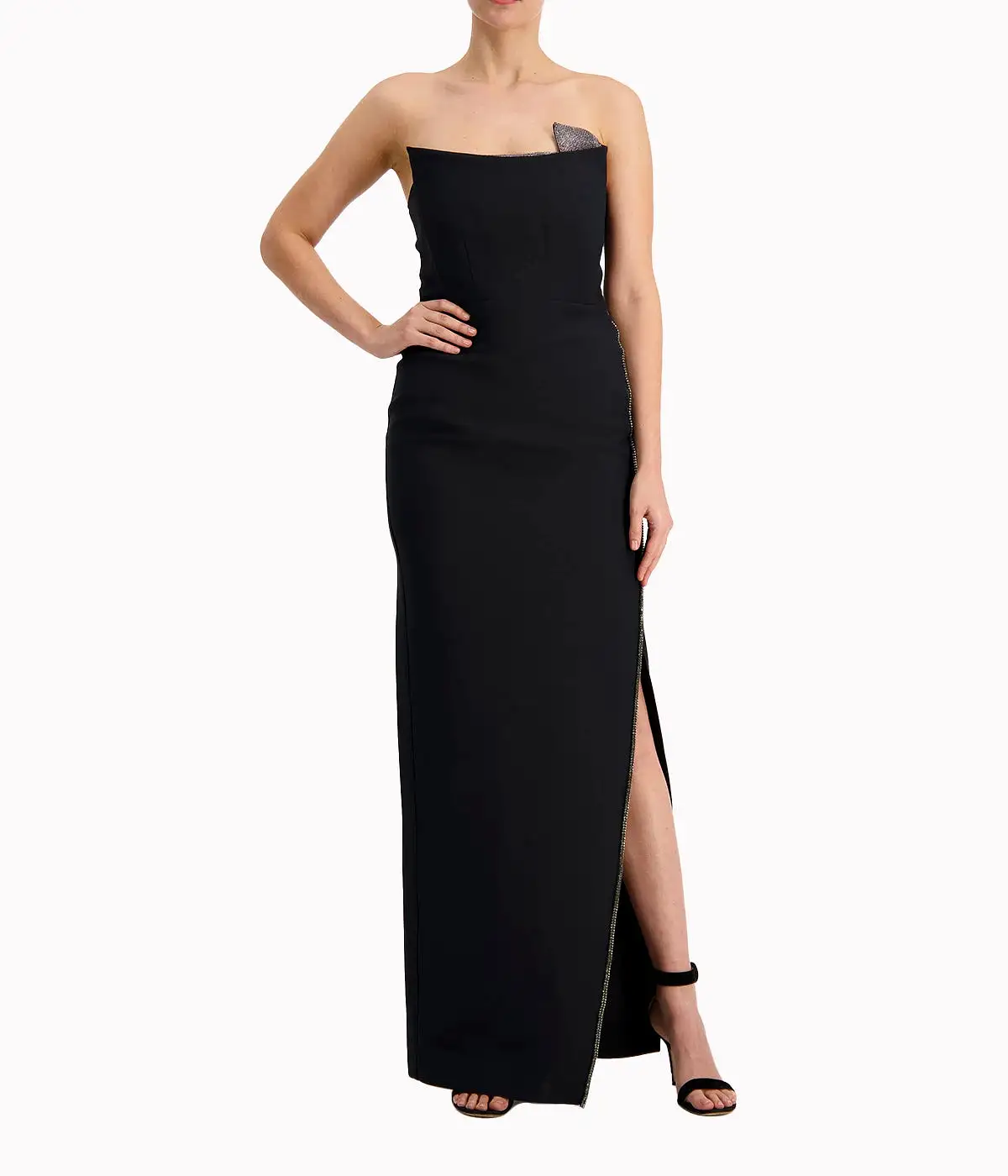 Strapless Silk Embellished Maxi Dress in Black