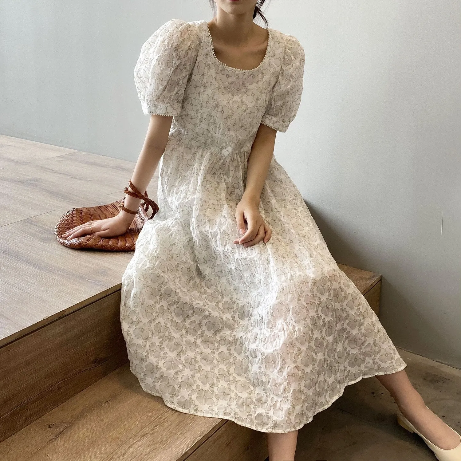 Summer Women Elegant Sweet A-Line Long Casual Floral Print Lace-up Dress