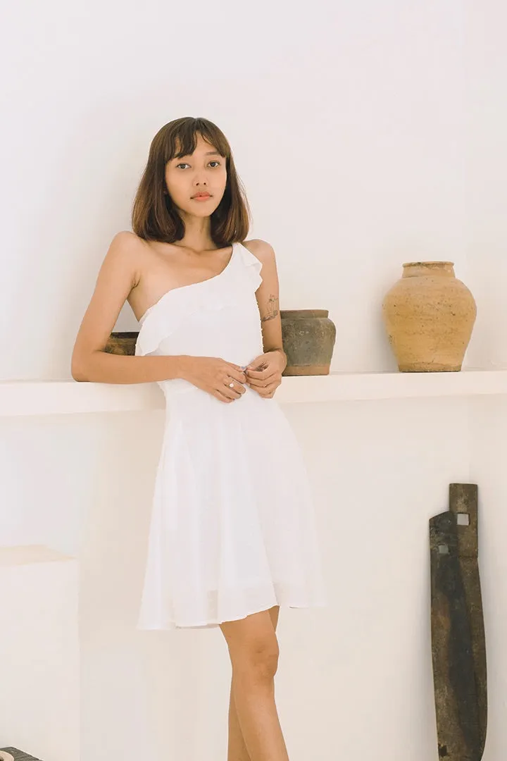 SWISS DOT TOGA RUFFLE DRESS (WHITE)