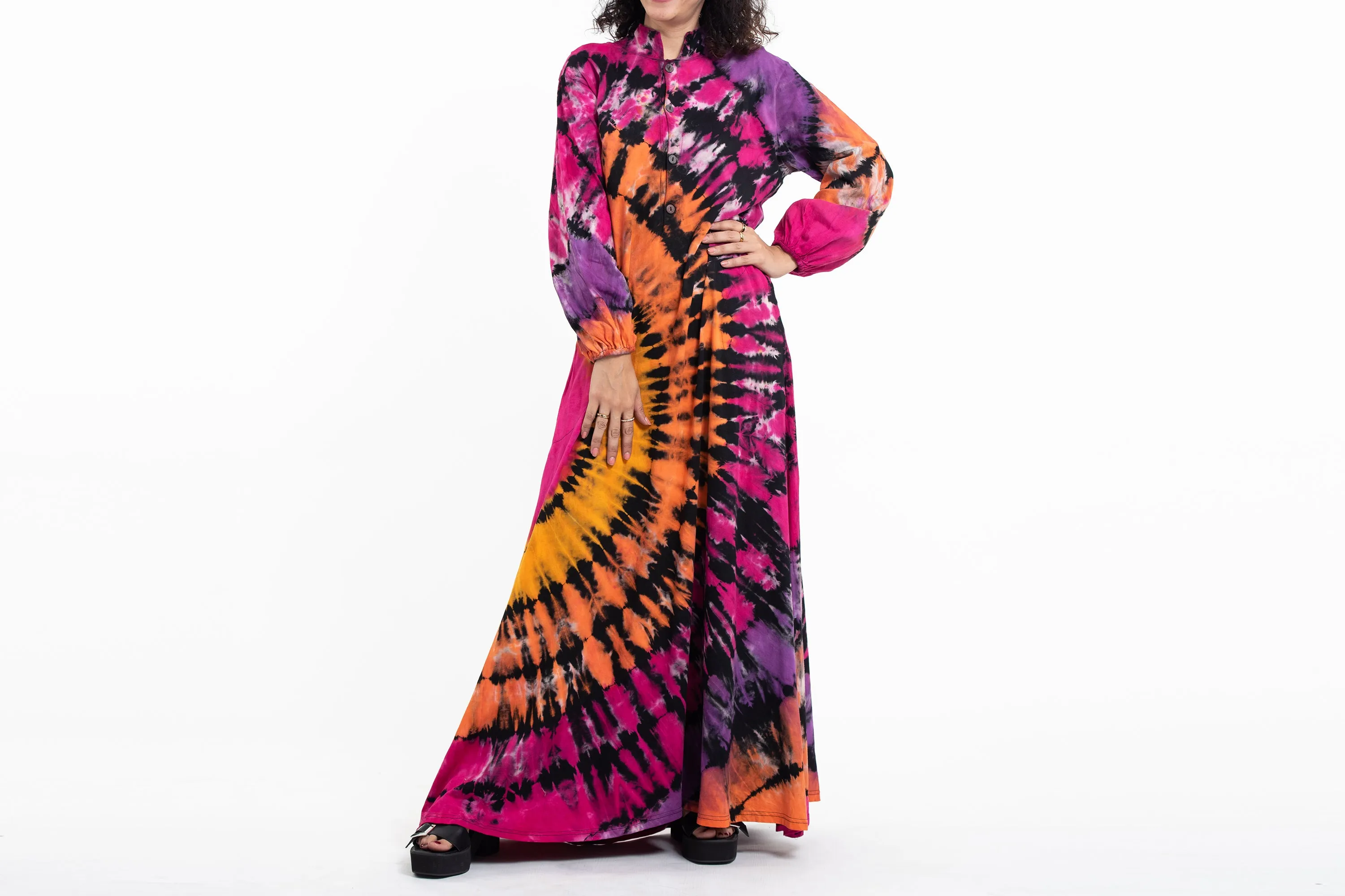 Tie Dye Long Sleeve Maxi Dress in Festival Black