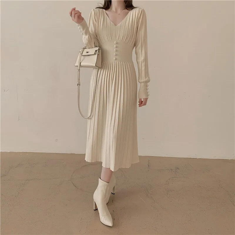 V Neck Long Sleeve Pleated Knitted Dress Autumn Winter Button Elegant Casual Midi Dress