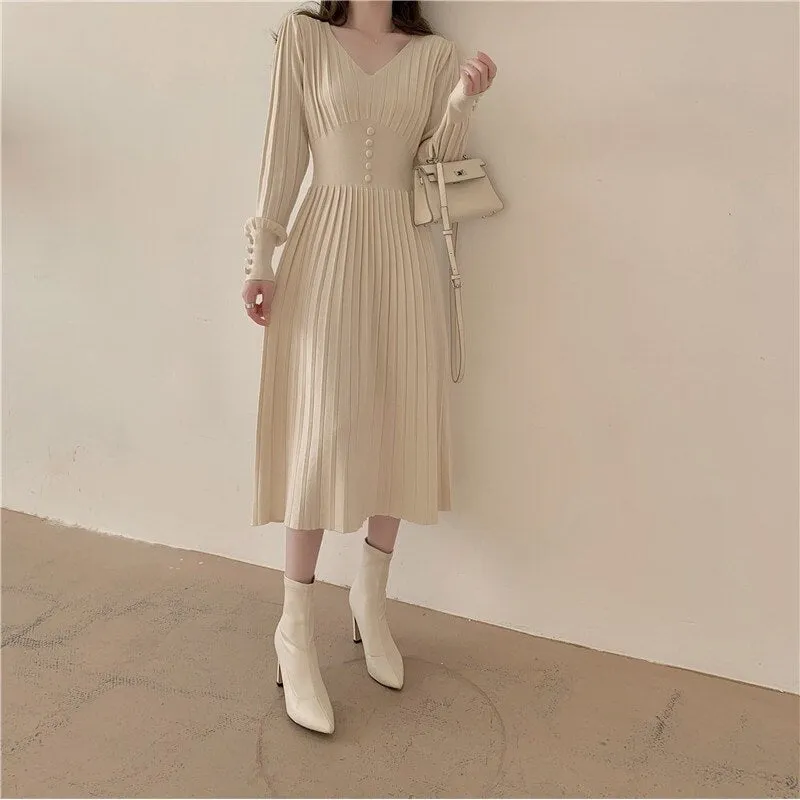 V Neck Long Sleeve Pleated Knitted Dress Autumn Winter Button Elegant Casual Midi Dress