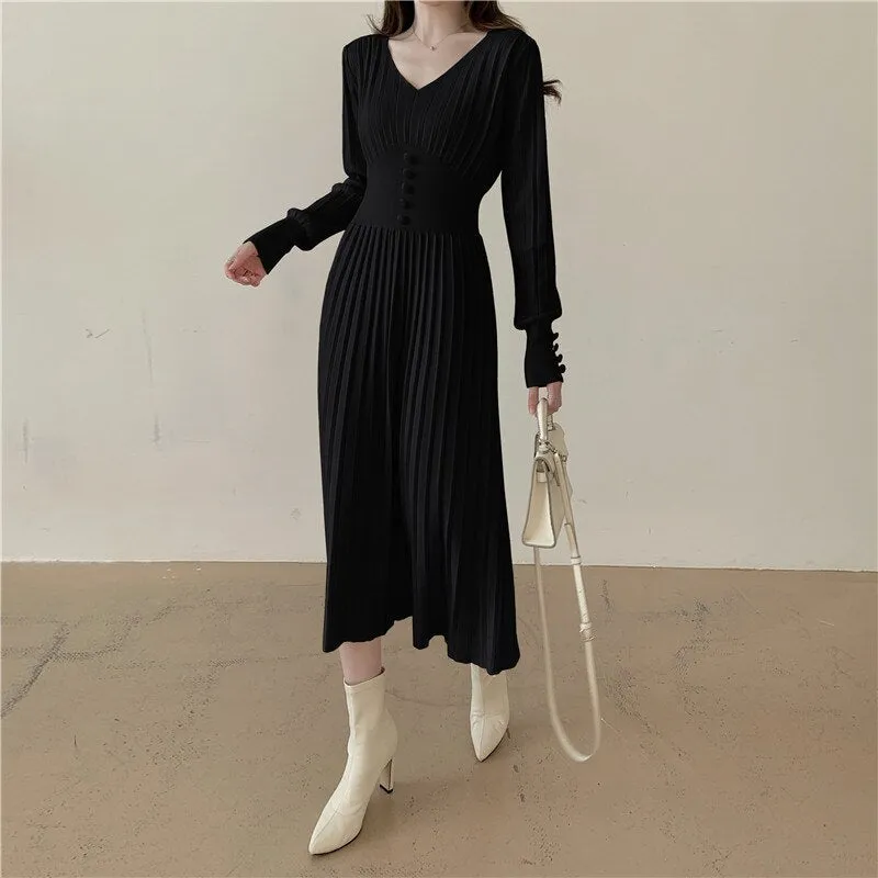 V Neck Long Sleeve Pleated Knitted Dress Autumn Winter Button Elegant Casual Midi Dress