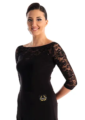 Victoria Blitz Allison Ballroom Practice Top with Pointed Sweetheart Bust and Neckline, 3/4 Stretch Lace Sleeves, and Lace Bodic