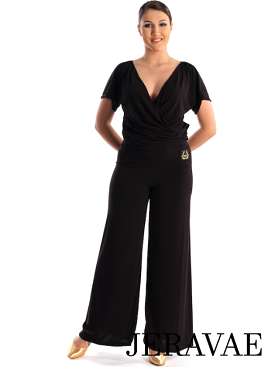 Victoria Blitz Gioiosa Black One Piece Ballroom or Latin Jumpsuit with V-Neckline, Wrap-around Top, Short Sleeves, and Wide Leg 