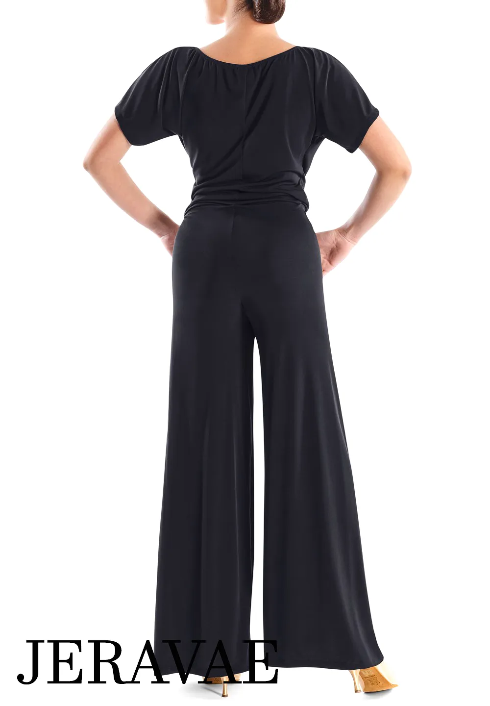 Victoria Blitz Gioiosa Black One Piece Ballroom or Latin Jumpsuit with V-Neckline, Wrap-around Top, Short Sleeves, and Wide Leg 