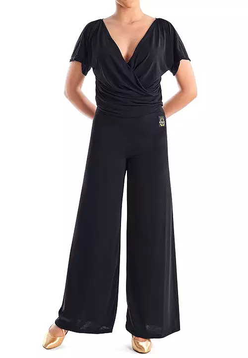 Victoria Blitz Gioiosa Black One Piece Ballroom or Latin Jumpsuit with V-Neckline, Wrap-around Top, Short Sleeves, and Wide Leg 