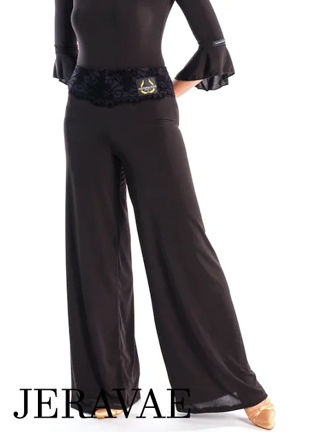 Victoria Blitz Lucy Black Teaching or Practice Dance Pants with Flocked Waistband, Scalloped Design, and Flared Leg PRA 731 in S