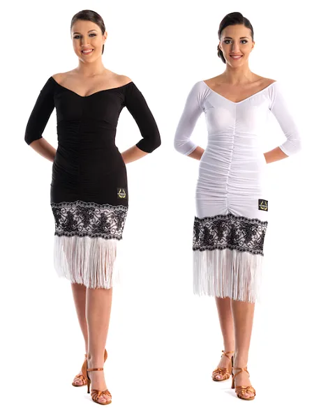 Victoria Blitz Prue Black or White Ruched Latin Dress with Wide Neckline, 3/4 Sleeves, Flock Pattern, and Fringe Hemline PRA 741