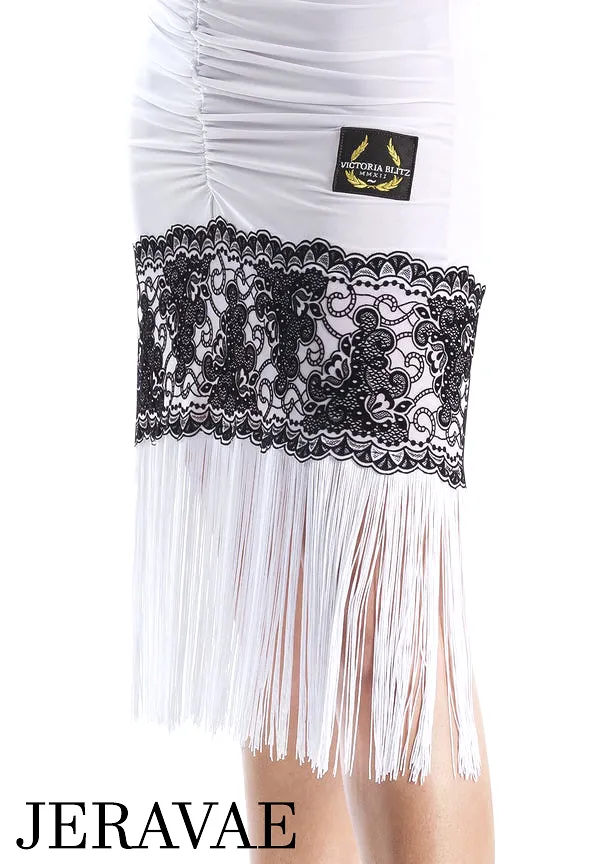 Victoria Blitz Prue Black or White Ruched Latin Dress with Wide Neckline, 3/4 Sleeves, Flock Pattern, and Fringe Hemline PRA 741