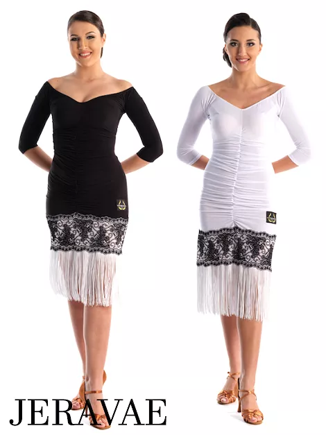 Victoria Blitz Prue Black or White Ruched Latin Dress with Wide Neckline, 3/4 Sleeves, Flock Pattern, and Fringe Hemline PRA 741