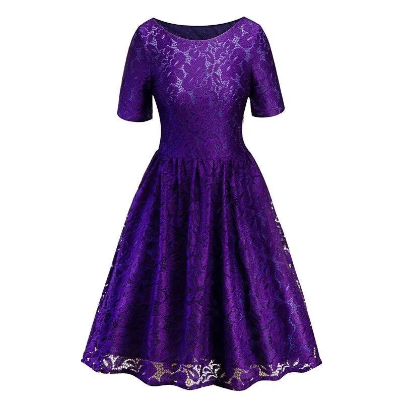 Vintage Purple Casual Pleated Lace Elegant Round Neck Short Sleeve High Waist Women Dress