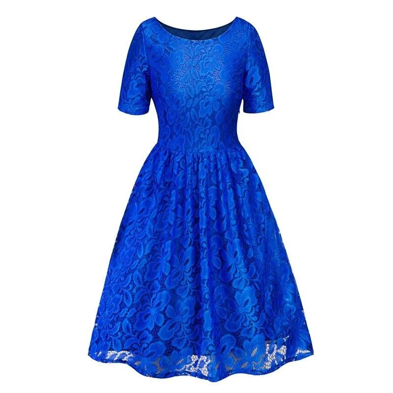 Vintage Purple Casual Pleated Lace Elegant Round Neck Short Sleeve High Waist Women Dress