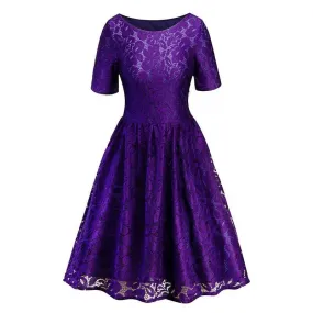 Vintage Purple Casual Pleated Lace Elegant Round Neck Short Sleeve High Waist Women Dress