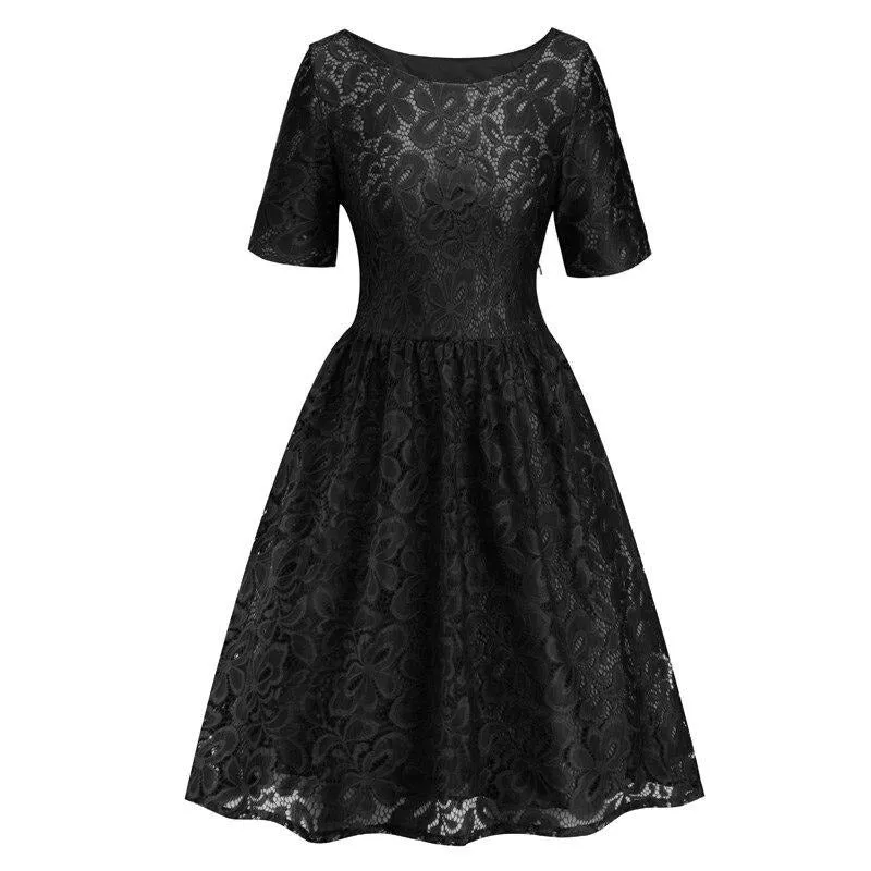 Vintage Purple Casual Pleated Lace Elegant Round Neck Short Sleeve High Waist Women Dress