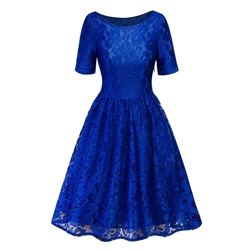 Vintage Purple Casual Pleated Lace Elegant Round Neck Short Sleeve High Waist Women Dress