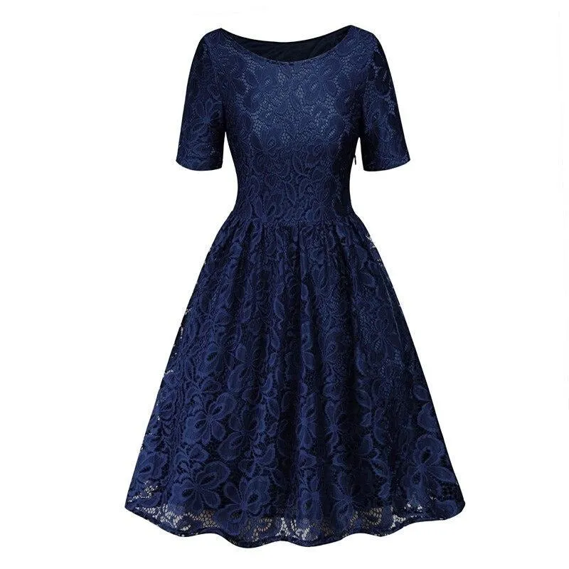 Vintage Purple Casual Pleated Lace Elegant Round Neck Short Sleeve High Waist Women Dress