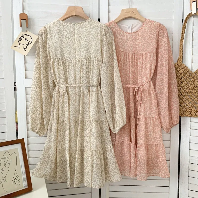 Women Chiffon Elegant Vintage Print Casual Dress Round Neck Long Sleeve Mini Dress With Belt