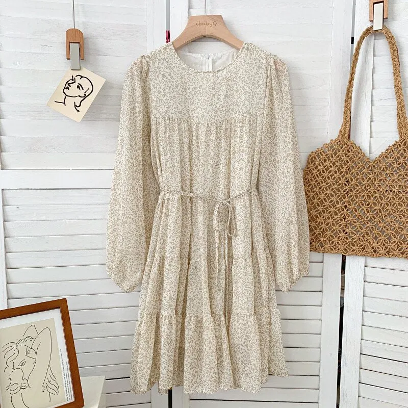 Women Chiffon Elegant Vintage Print Casual Dress Round Neck Long Sleeve Mini Dress With Belt