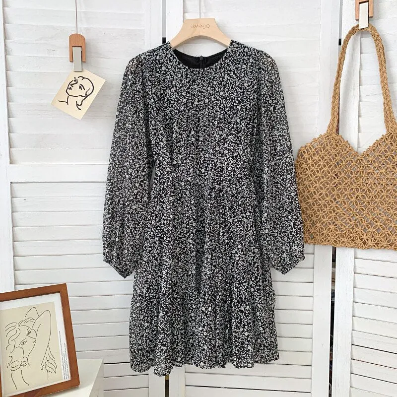 Women Chiffon Elegant Vintage Print Casual Dress Round Neck Long Sleeve Mini Dress With Belt