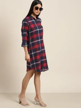 Women Navy & Red Checks Pure Cotton Regular Fit Casual Dress