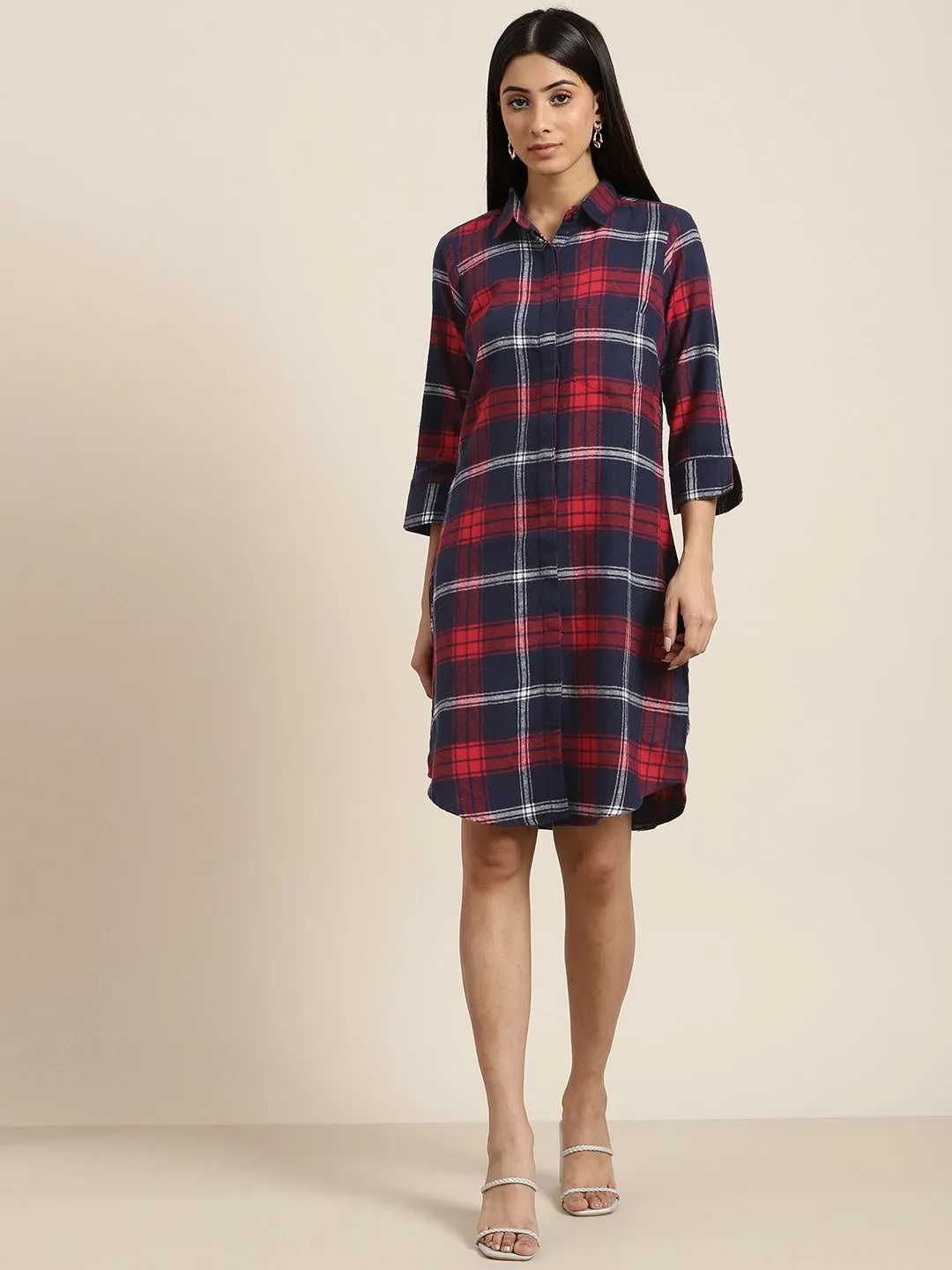 Women Navy & Red Checks Pure Cotton Regular Fit Casual Dress