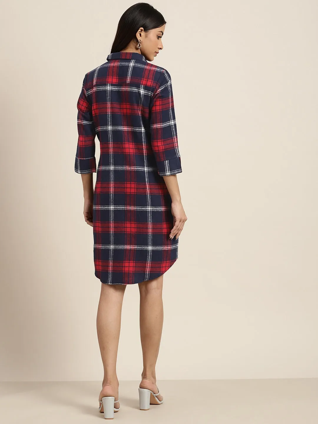 Women Navy & Red Checks Pure Cotton Regular Fit Casual Dress