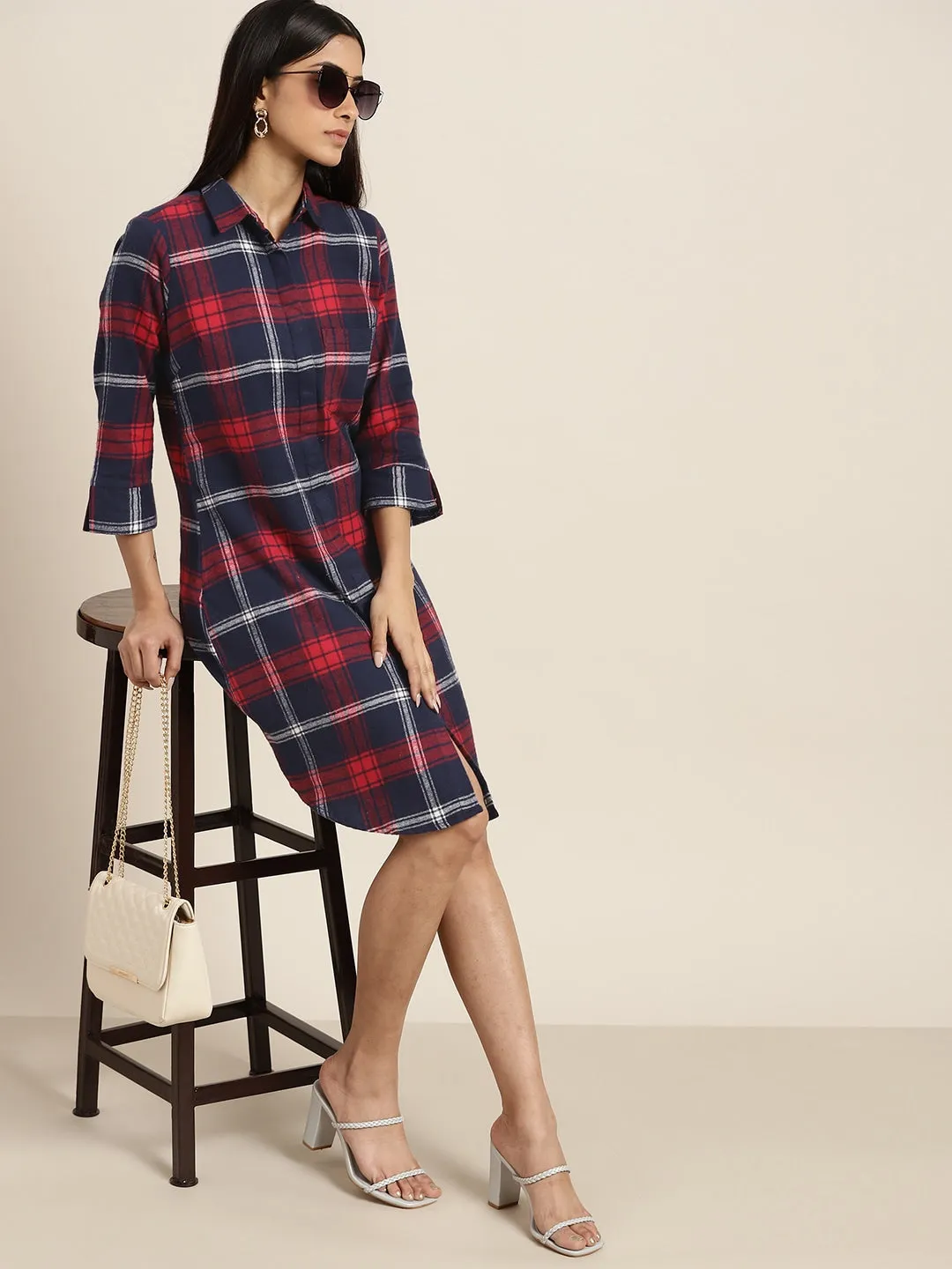 Women Navy & Red Checks Pure Cotton Regular Fit Casual Dress