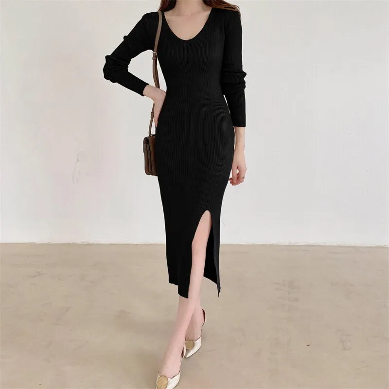 Women V Neck Long Sleeve Casual Knitted Dress Fall Winter Sexy Front Slit Midi Dress Elegant Ribbed Bodycon Dress