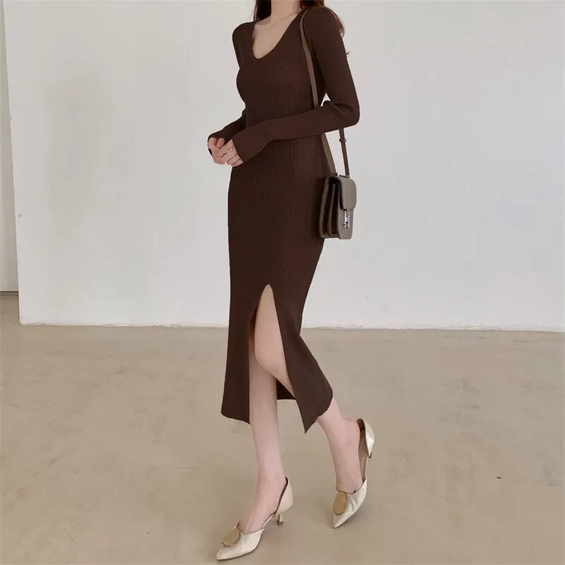 Women V Neck Long Sleeve Casual Knitted Dress Fall Winter Sexy Front Slit Midi Dress Elegant Ribbed Bodycon Dress