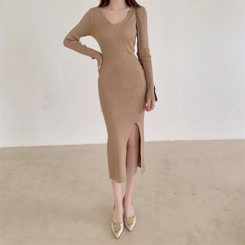 Women V Neck Long Sleeve Casual Knitted Dress Fall Winter Sexy Front Slit Midi Dress Elegant Ribbed Bodycon Dress