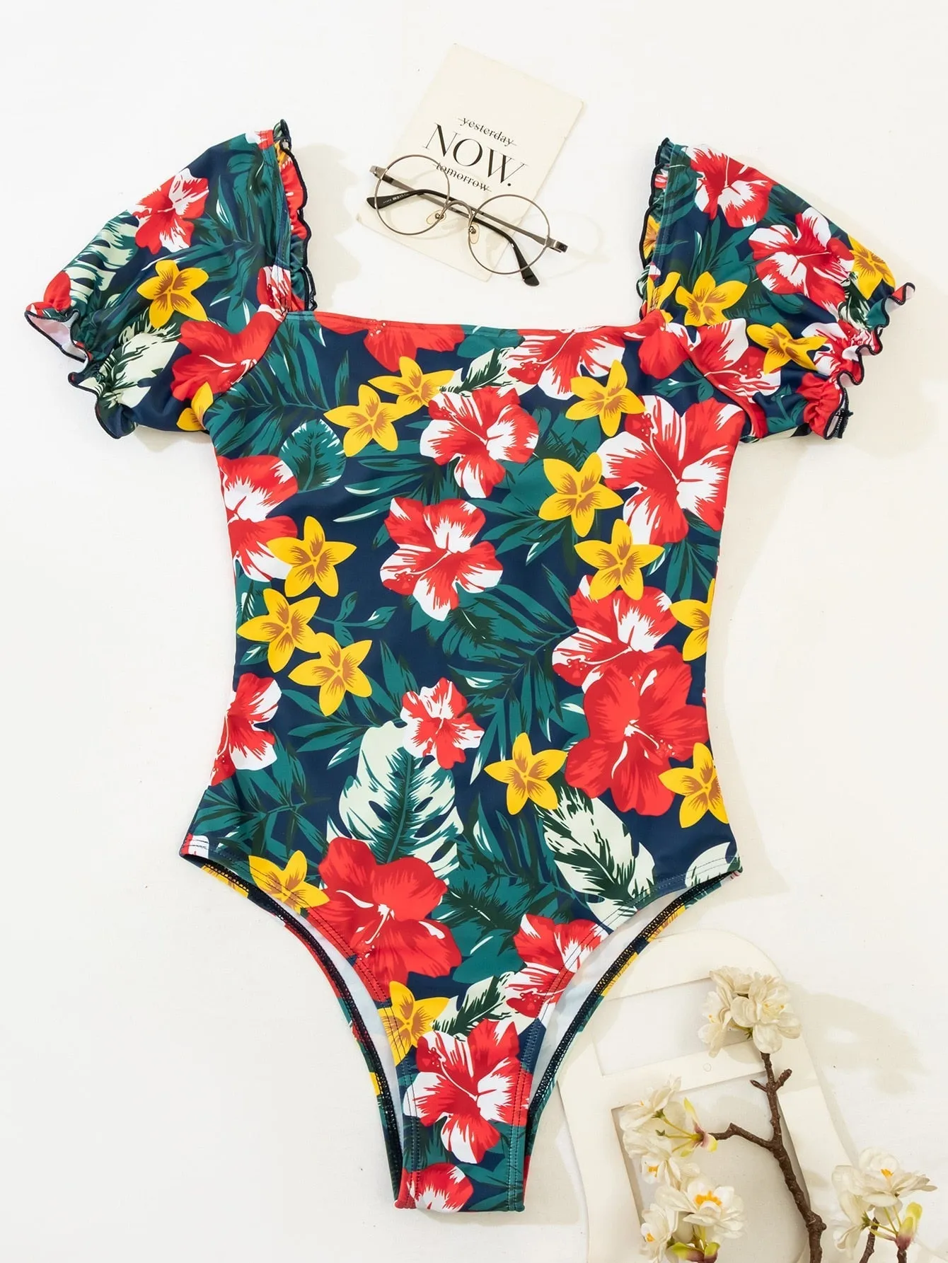 Women's Retro Floral Print Ruffled Short Sleeve One Piece Swimsuit