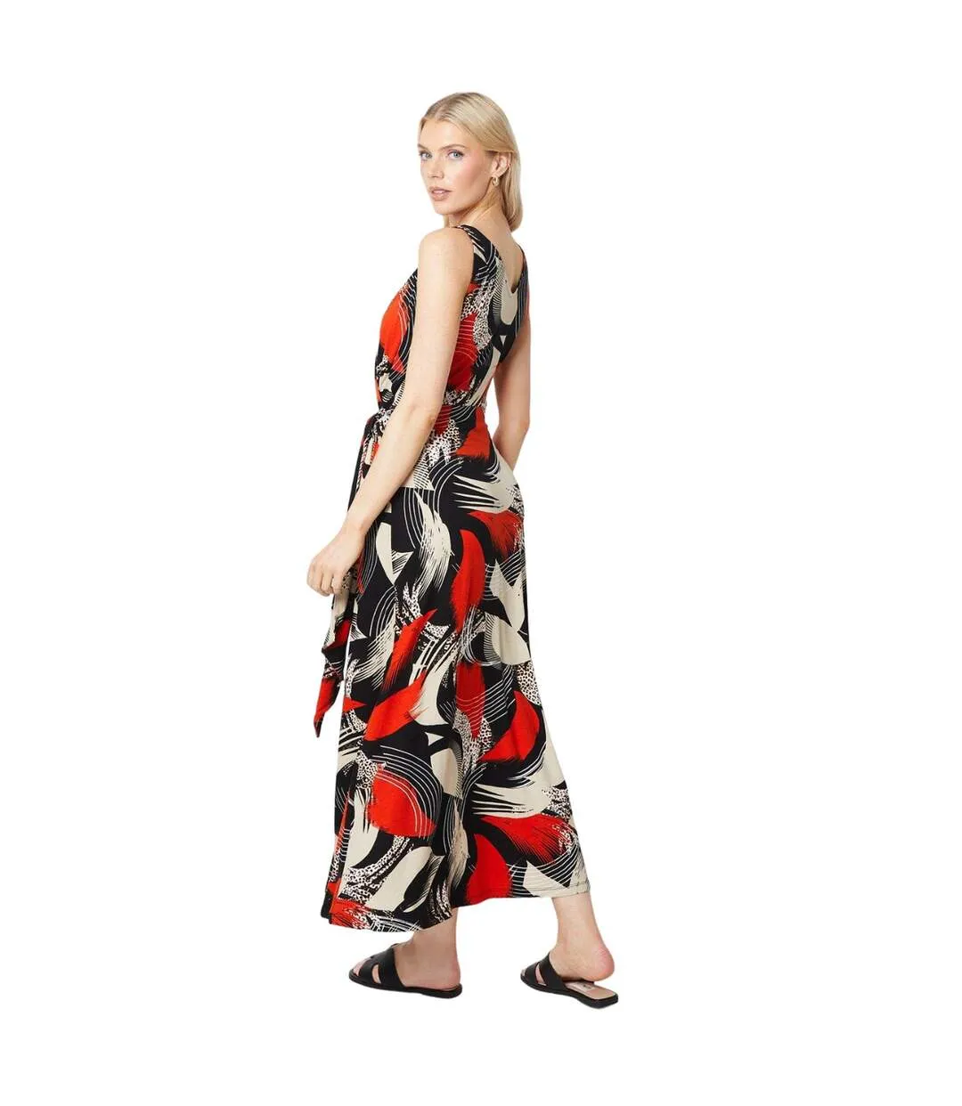 Womens/ladies abstract waist tie maxi dress black/orange Principles