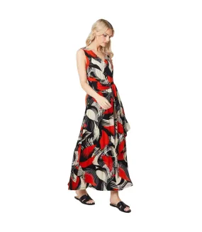 Womens/ladies abstract waist tie maxi dress black/orange Principles