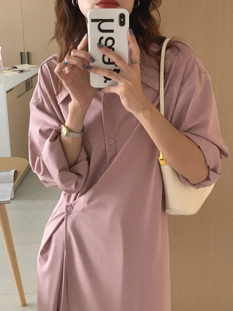 Wrap Elegant Office Lady Chic Shirt Dress Lapel Long Sleeve Button Up Casual Midi Dress Clothing