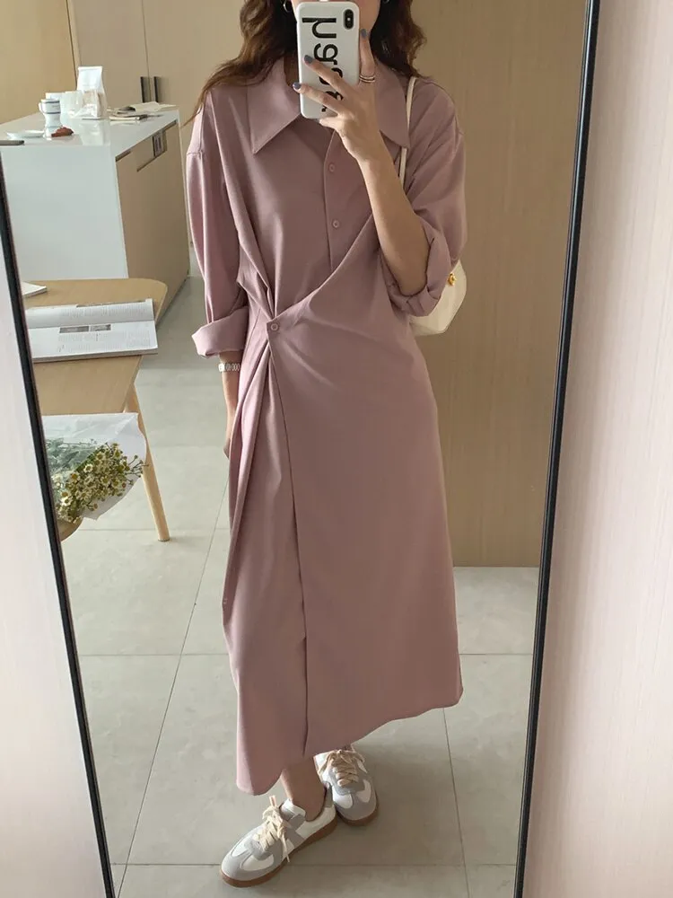 Wrap Elegant Office Lady Chic Shirt Dress Lapel Long Sleeve Button Up Casual Midi Dress Clothing