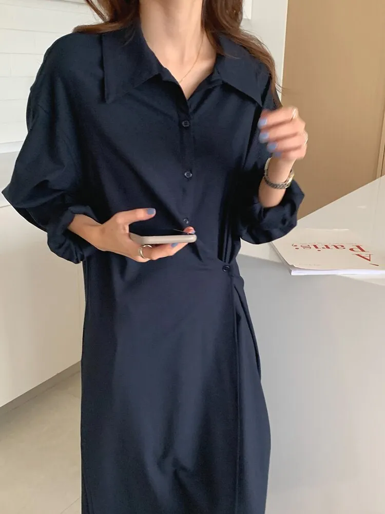 Wrap Elegant Office Lady Chic Shirt Dress Lapel Long Sleeve Button Up Casual Midi Dress Clothing