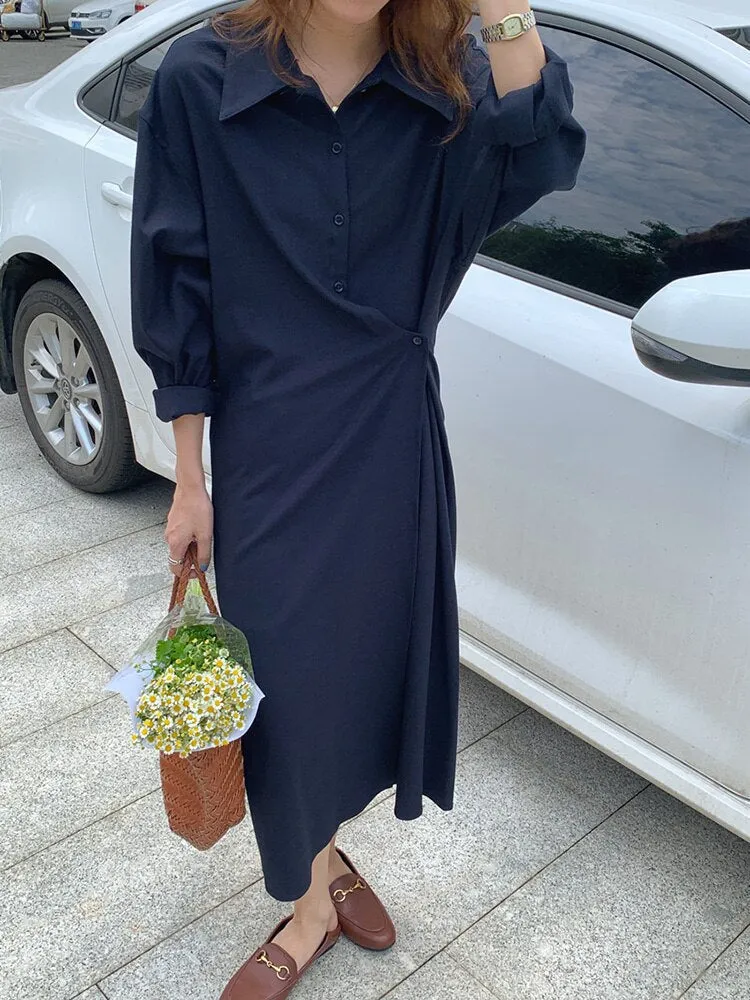 Wrap Elegant Office Lady Chic Shirt Dress Lapel Long Sleeve Button Up Casual Midi Dress Clothing