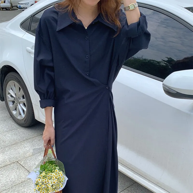 Wrap Elegant Office Lady Chic Shirt Dress Lapel Long Sleeve Button Up Casual Midi Dress Clothing