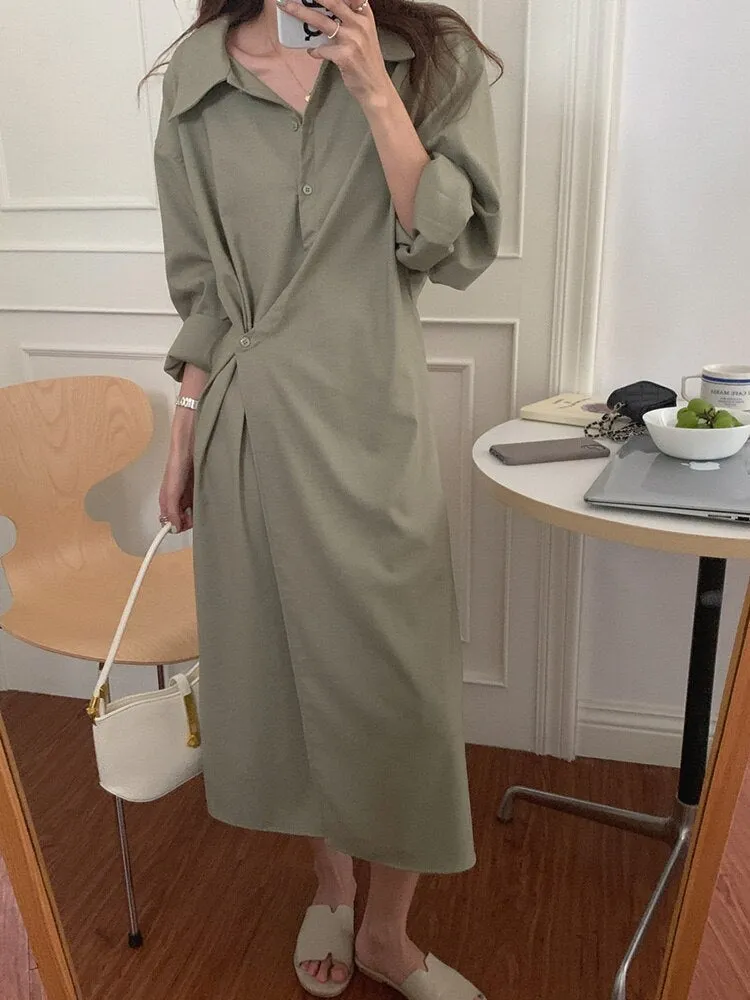 Wrap Elegant Office Lady Chic Shirt Dress Lapel Long Sleeve Button Up Casual Midi Dress Clothing