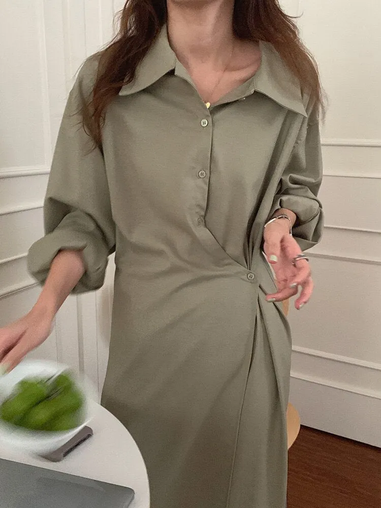 Wrap Elegant Office Lady Chic Shirt Dress Lapel Long Sleeve Button Up Casual Midi Dress Clothing