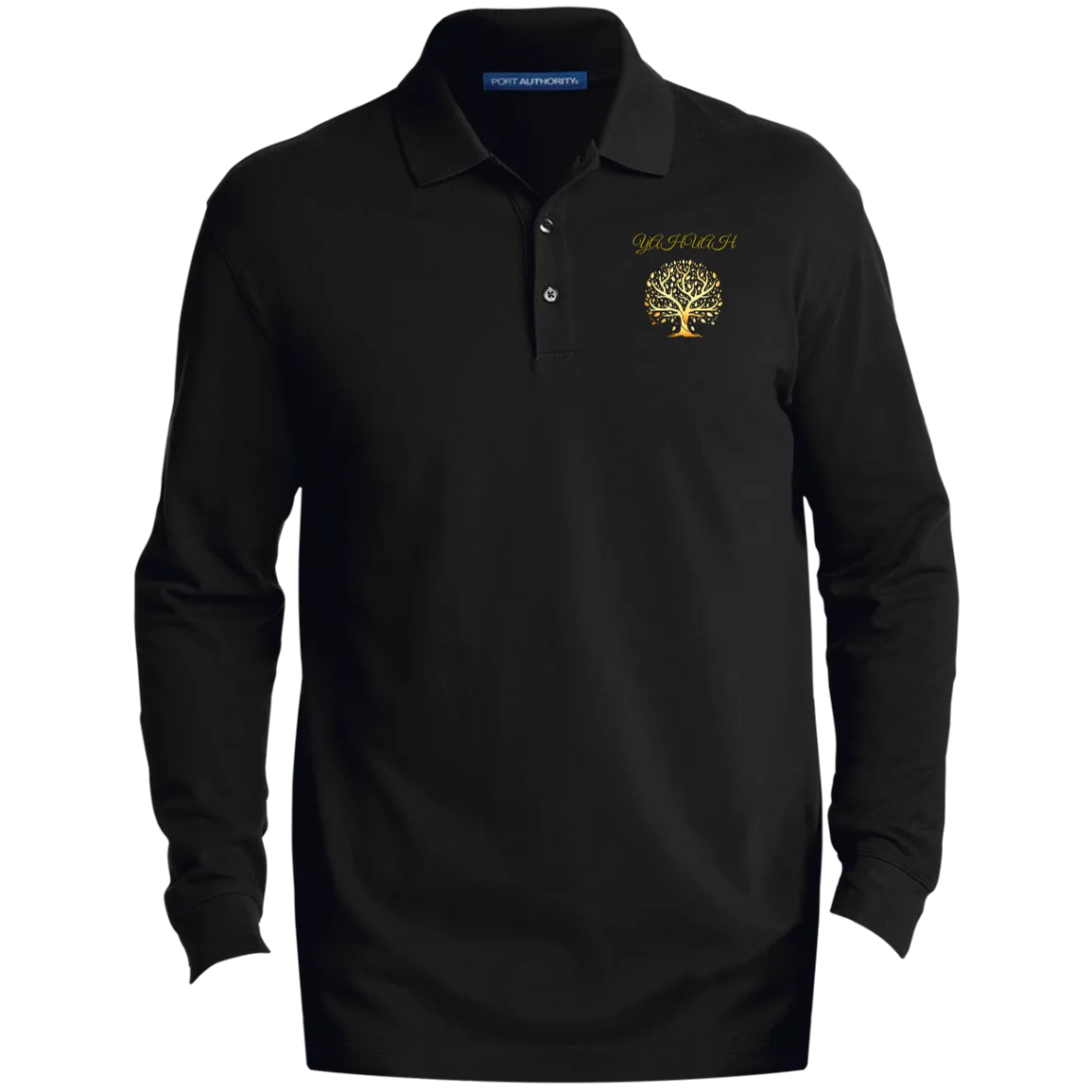 Yahuah-Tree of Life 01 Men's Designer EZCotton Long Sleeve Three Button Polo Shirt (Black/Navy Blue)